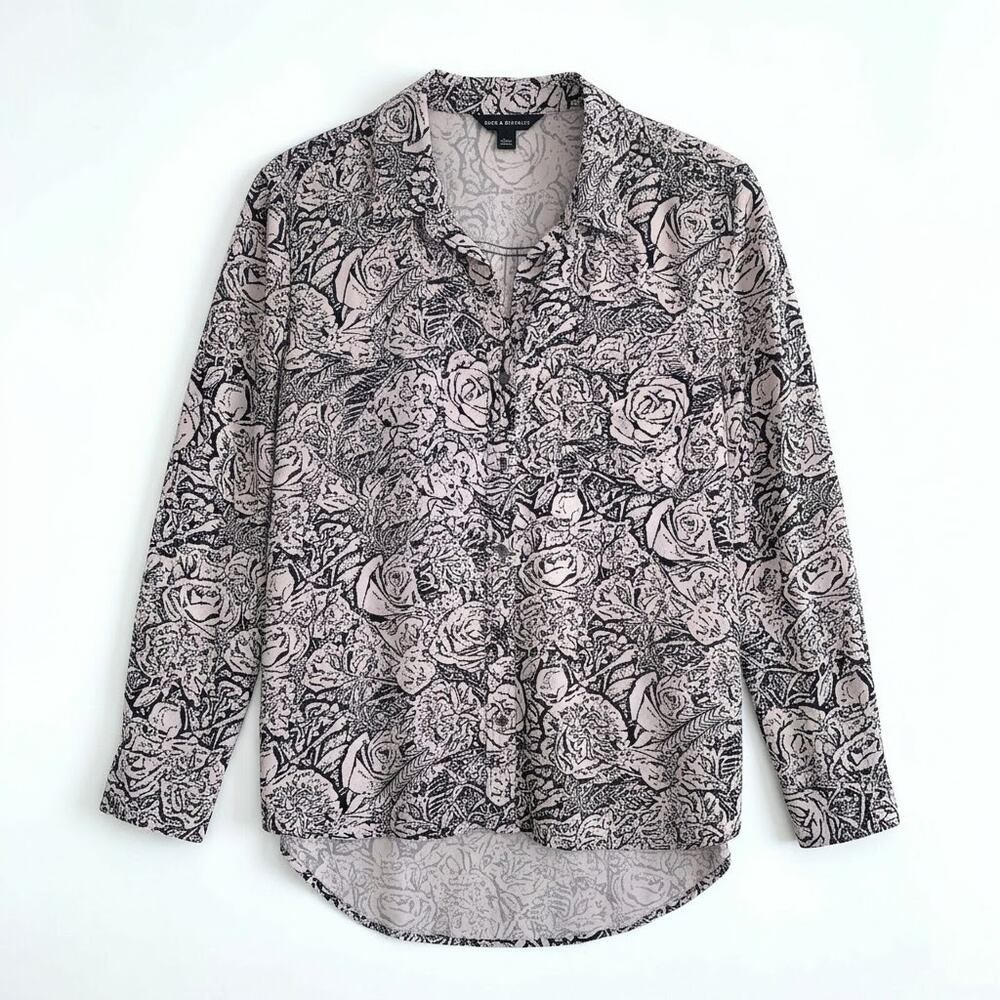 Rock & Republic Rose Floral All Over Print Tunic Shirt Beige Black Womens Large